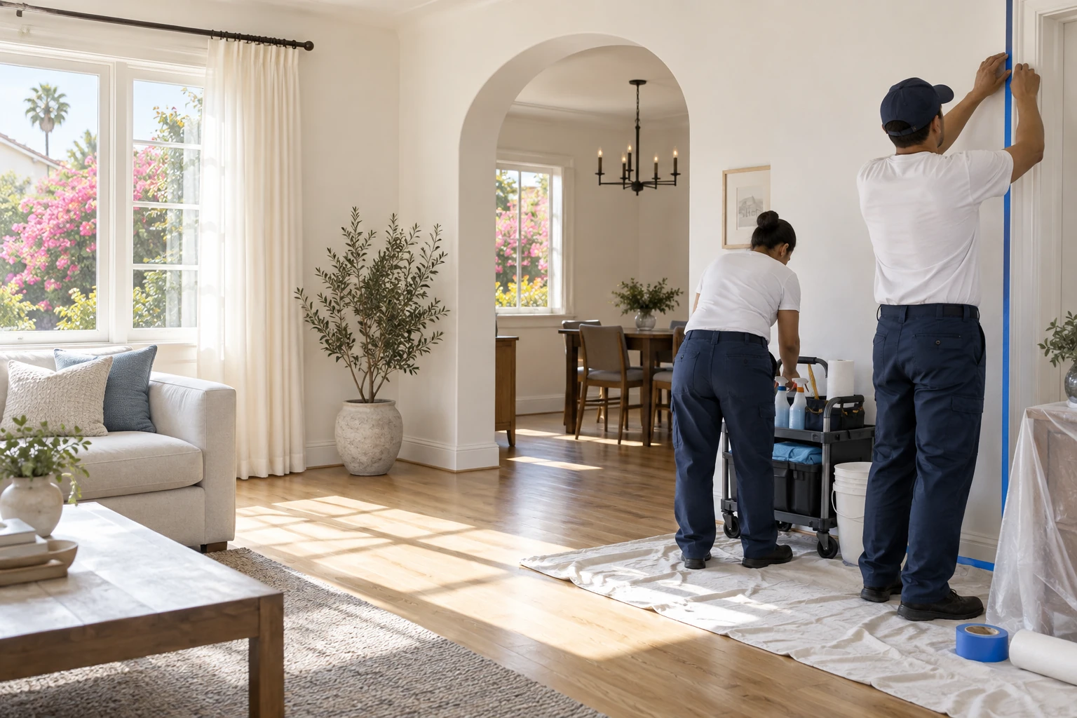 Two experienced professionals preparing a Los Angeles living room for painting and cleaning