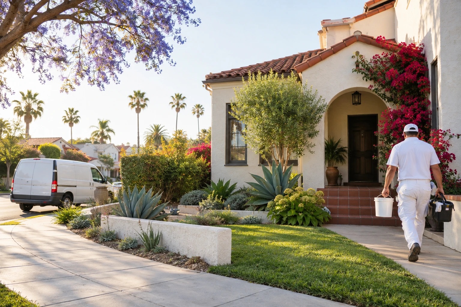 Welcoming Los Angeles home exterior with a service professional approaching the entrance