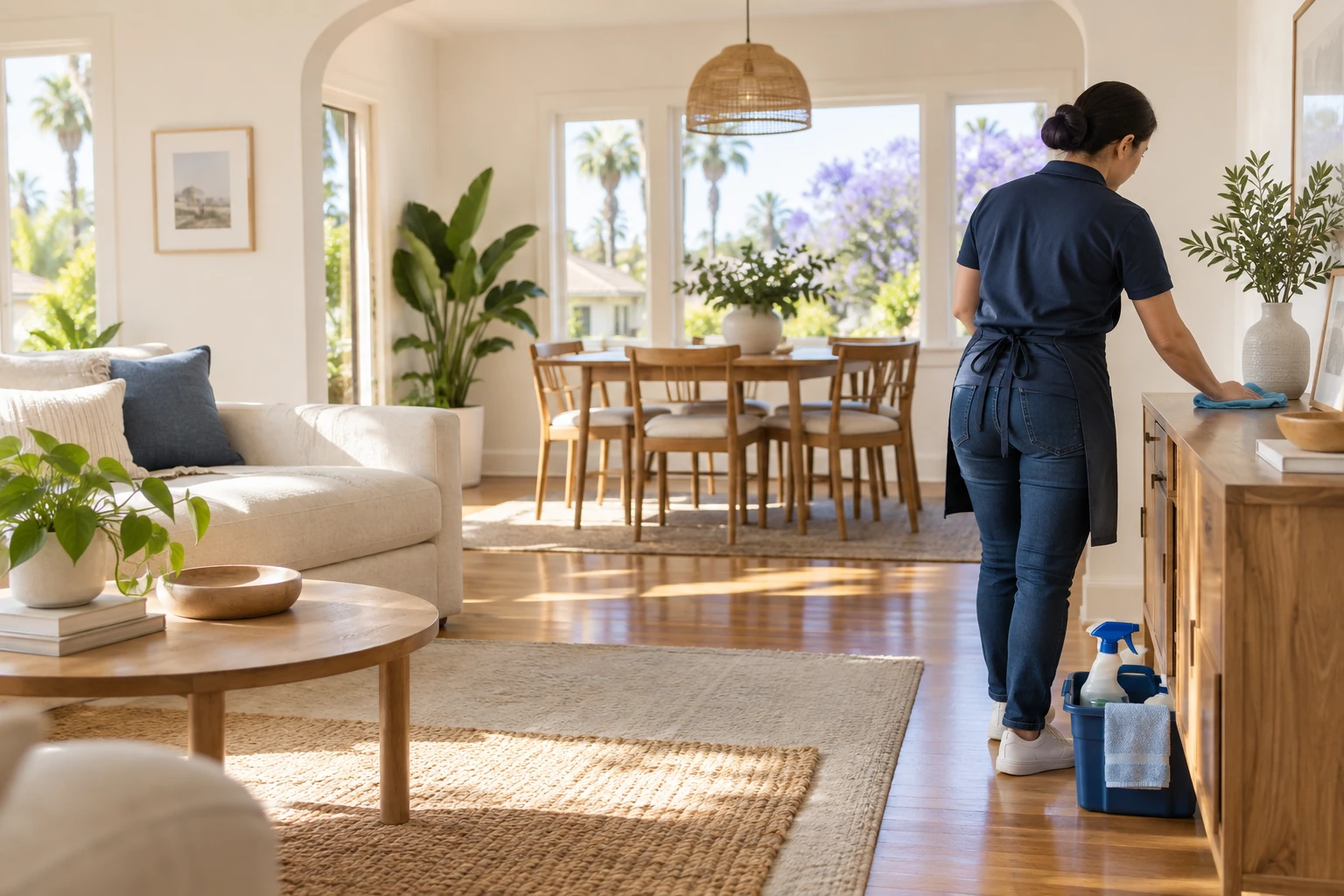 General cleaning for living areas, kitchens, bathrooms and the surfaces used throughout the property.