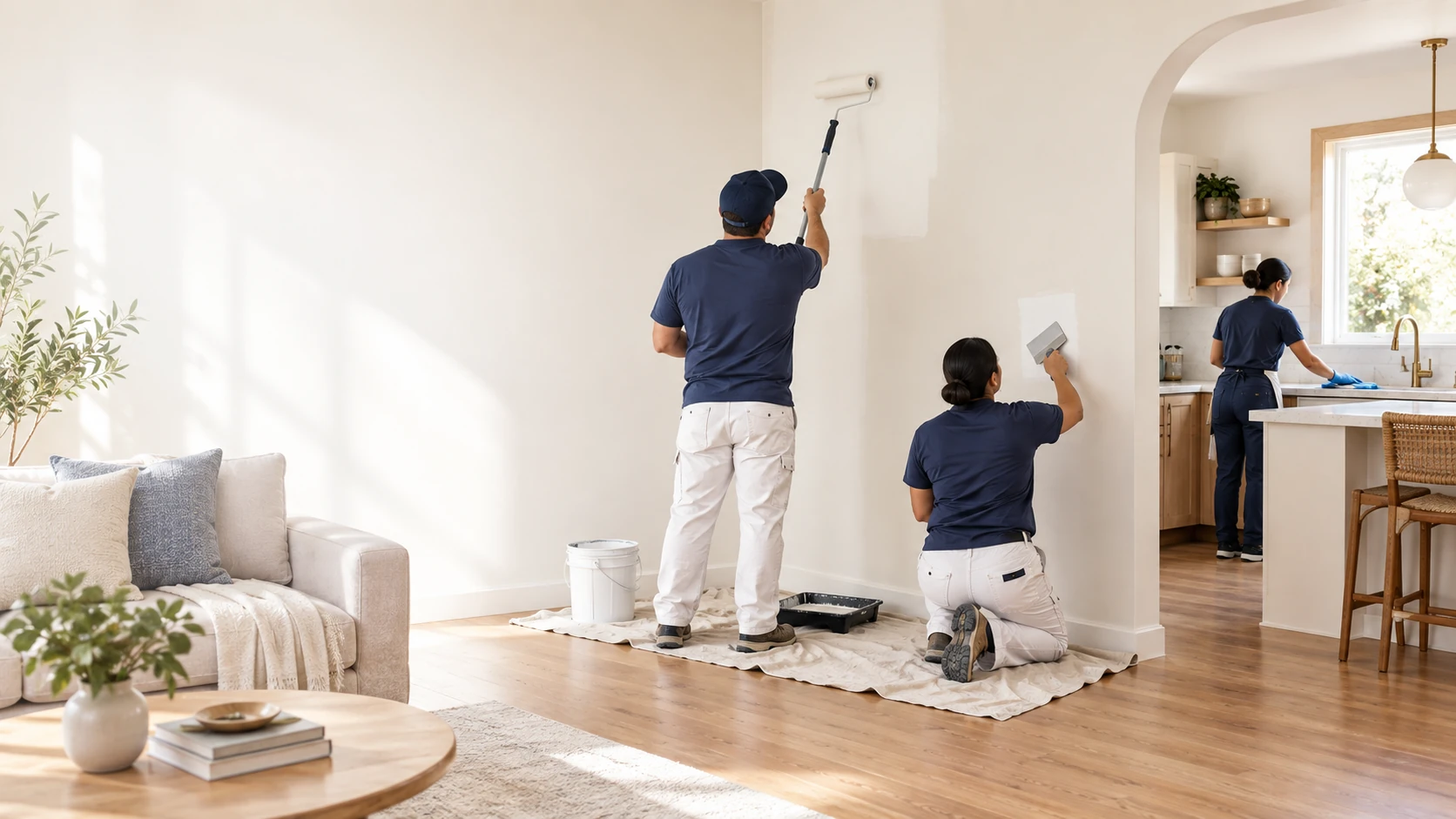 Painting, drywall repair and cleaning professionals working in a bright Los Angeles home
