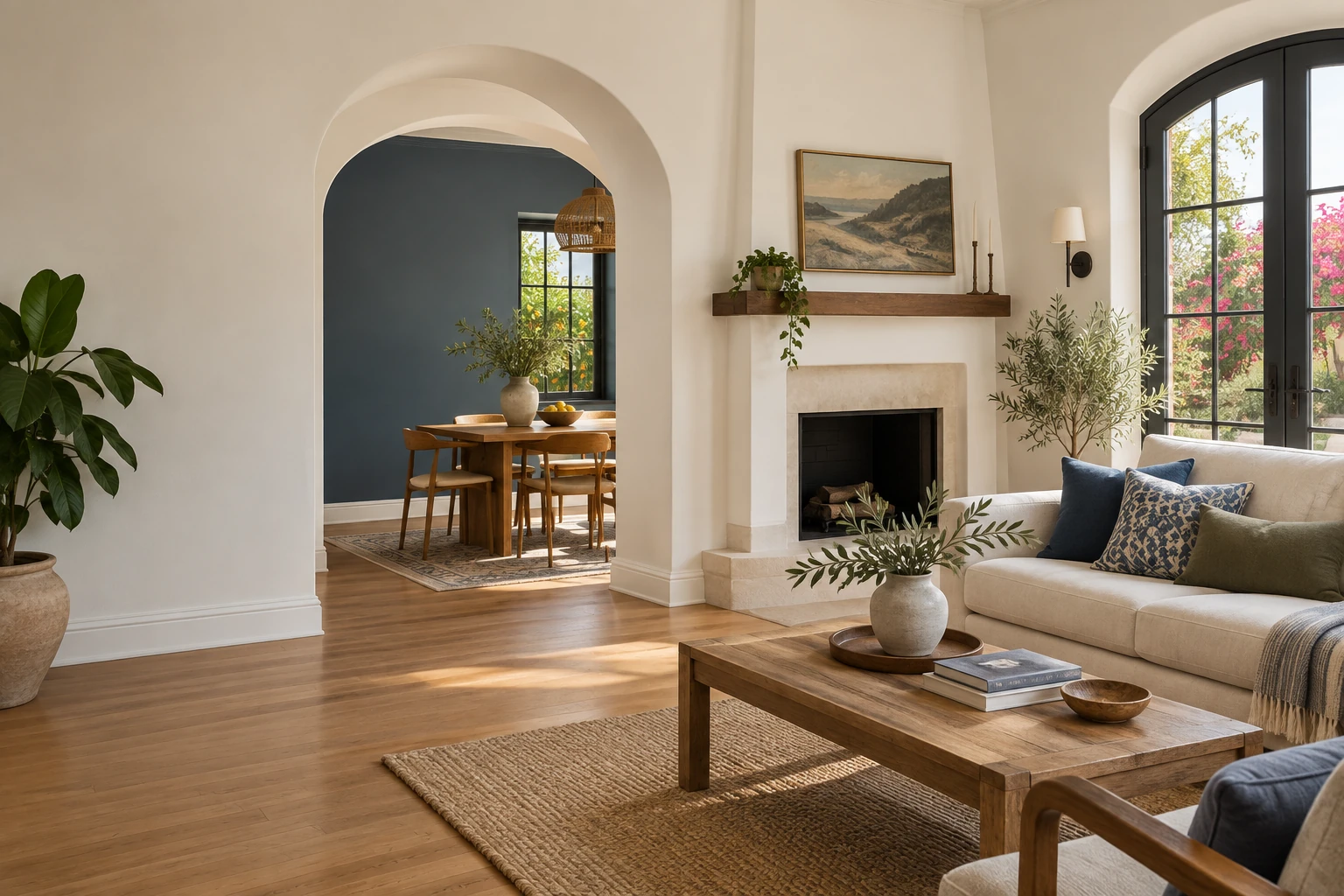 Finished and professionally cleaned Los Angeles living room with warm white walls